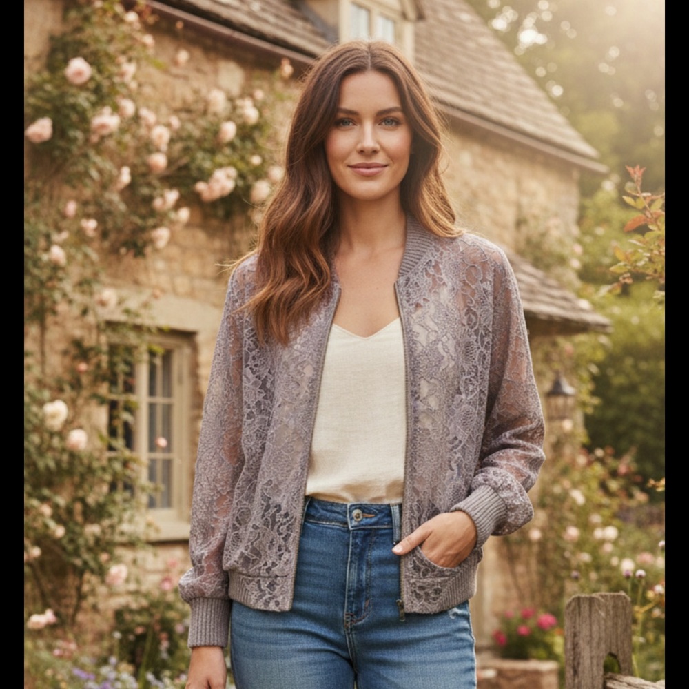 Victoria's Secret Dusty Lavender Lace Bomber Jacket SZ L Cottage Coquette